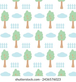 Cute seamless pattern print with doodle cloud, tree and fence. Vector seamless pattern in flat style on white background. Repeat design for fabric, textile, decor, web, print, wallpaper, textile print