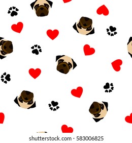 cute seamless pattern with pug dog, paw print and red heart, transparent background