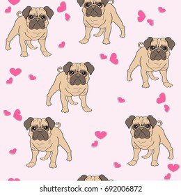 cute seamless pattern with pug dog and pink heart