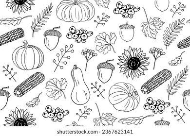 Cute seamless pattern with pumpkin, corn, sunflower, leaves, acorn, berries, rowan. Cozy autumn. Great for banner, wrapping paper, textile and decoration for thanksgiving day. Doodle style.