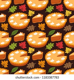 Cute Seamless Pattern with Pumpkin Pie and autumn leaves