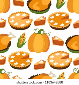 Cute Seamless Pattern with Pumpkin Pie and Turkey