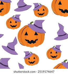 Padrão perfeito bonito com abóbora e chapéu de bruxa. Fundo de vetor para design têxtil ou fundo. Conceito de Halloween