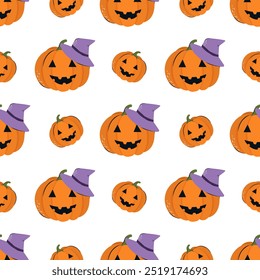 Padrão perfeito bonito com abóbora e chapéu de bruxa. Fundo de vetor para design têxtil ou fundo. Conceito de Halloween