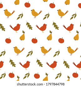 Cute seamless pattern with pumpkins and birds. Autumn motives, vector illustration