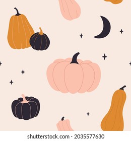 Cute seamless pattern with pumpkins in pastel colors. Vector background for Halloween. Hand drawn template for wrapping paper, textile, etc.