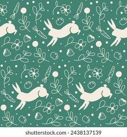 Cute seamless pattern with rabbit and carrots, berries, apples, flowers, hand-drawn.