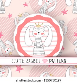 Cute seamless pattern - rabbit cartoon. Hand draw