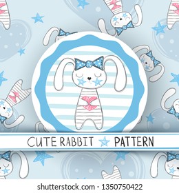 Cute seamless pattern - rabbit cartoon. Hand draw