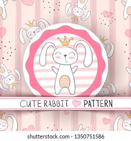 Cute seamless pattern - rabbit cartoon. Hand draw