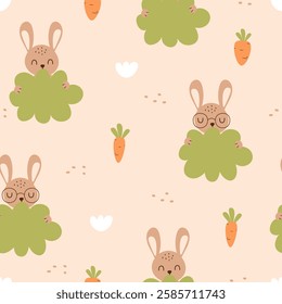 Cute seamless pattern with rabbit cartoon. Rabbit, grass and carrot on orange pastel. Textile, fabric, wallpaper, nursery and wrapping paper. vector illustration