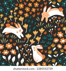 Cute seamless pattern with rabbit elements. Vector illustration with cartoon drawings for print, fabric, textile.