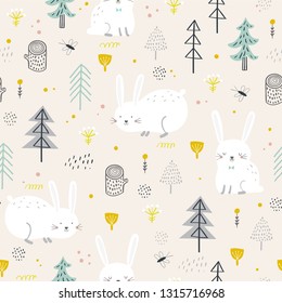 Cute seamless pattern with rabbit in the forest . Vector background for children. Scandinavian style.