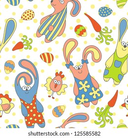 Cute seamless pattern with rabbits, carrots and chickens