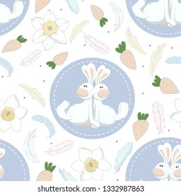 cute seamless pattern with rabbits carrots feathers and narcissus flowers vector 