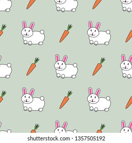 Cute seamless pattern with cute rabbits and carrots. Vector illustration. For textiles, cards, decorations, wallpaper