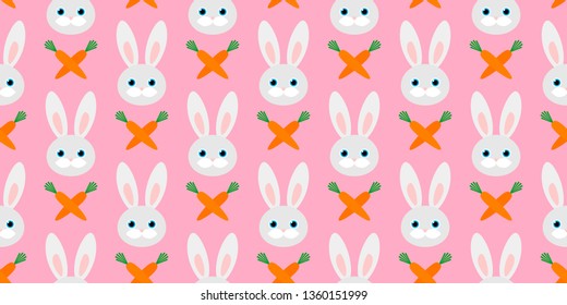 cute seamless pattern with rabbits and carrots on pink background. vector illustration.