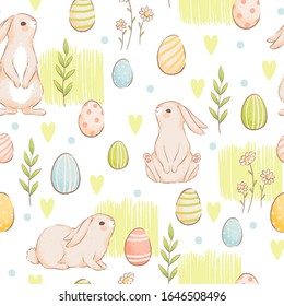 A cute seamless pattern with rabbits, carrots and colored eggs. Easter spring design with buns. Imitation of handmade watercolors