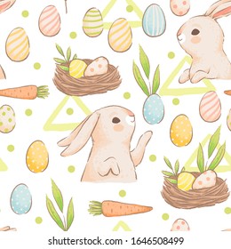 A cute seamless pattern with rabbits, carrots and colored eggs. Easter spring design with buns. Imitation of handmade watercolors