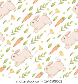 A cute seamless pattern with rabbits, carrots and flowers. Easter spring design with buns. Imitation of handmade watercolors