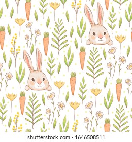 A cute seamless pattern with rabbits, carrots and flowers. Easter spring design with hares and grass. Imitation of handmade watercolors