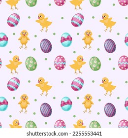 Un lindo patrón sin costura con conejos, zanahorias y huevos de colores. Diseño de primavera de Pascua con bollos.
