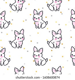 Cute seamless pattern with rabbits. Easter bunnies. Summer rabbits. Gold stars.