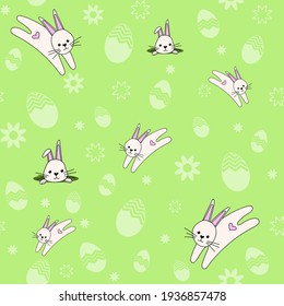 A cute seamless pattern with rabbits, flowers and easter eggs. Easter spring design with bunnies.