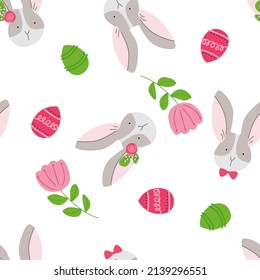 A cute seamless pattern with rabbits, flowers and color eggs. Easter spring design with buns.