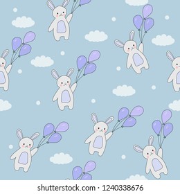 Cute seamless pattern of rabbits flying in the sky with balloons and stars. Vector background for children.