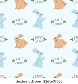 A cute seamless pattern with rabbits in hand drawn style on light blue background. Easter spring design with bunnies. Pattern for gift wrapping paper, textile, greeting cards. Happy Easter collection.