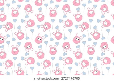 Lindo patrón sin fisuras de conejos con globo en forma de corazón. Textiles para ropa de cama, pijamas. Día de San Valentín. Para textiles, embalajes, Fondos de pantalla, fondos o Sitios web. Diseño de Vector plano. Animal.