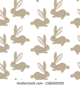 Cute seamless pattern with rabbits in scandinavian style. Good for kids fabric, wrapping, apparel, textile and other. Hand drawing vector background for your design.