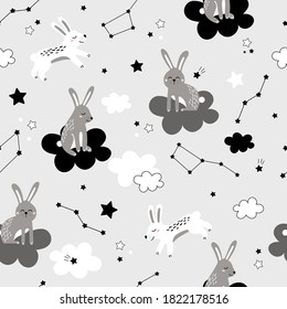 Patrón perfecto con conejos. Amargas blancas y grises con estrellas. Fondo de los niños vectores. Impresión en tela, textiles, papel pintado, ropa, carteles.