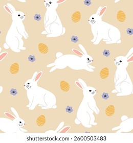 Cute seamless pattern with rabbits,flowers and eggs. Easter background. Good for printing and wrapping.	
