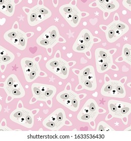 Cute seamless pattern with raccoons on pink background. Print for babies products 