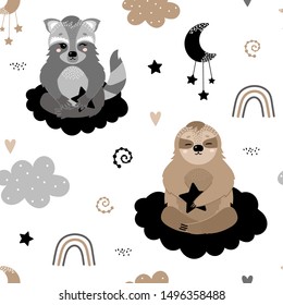Cute seamless pattern with raccoons and sloths. Vector childrens background. Raccoon and sloths on a cloud, star, moon, heart. Suitable for printing on fabric, wallpaper, textiles, clothing.
