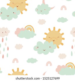 Cute seamless pattern with rainbow, clouds, sun, rain for kids. Pattern in hand drawn style for poster, fabric, wallpaper, textile, wrapping paper. Vector illustration