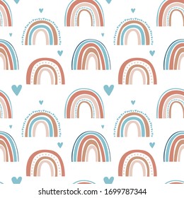 Cute seamless pattern of rainbow, clouds, drops and hearts in the style of Scandi! Ideal for any children's, children's clothing, to create fun, modern invitations for birthdays, baby showers, holiday