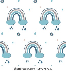 Cute seamless pattern of rainbow, clouds, drops and hearts in the style of Scandi! Ideal for any children's, children's clothing, to create fun, modern invitations for birthdays, baby showers, holiday