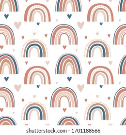 Cute seamless pattern of rainbow, clouds, drops and hearts in the style of Scandi! Ideal for any children's, children's clothing, to create fun, modern invitations for birthdays, baby showers, holiday