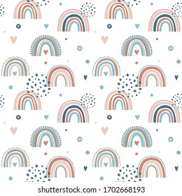 Cute seamless pattern of rainbow, clouds, drops and hearts in the style of Scandi! Ideal for any children's, children's clothing, to create fun, modern invitations for birthdays, baby showers, holiday