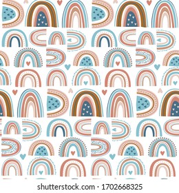 Cute seamless pattern of rainbow, clouds, drops and hearts in the style of Scandi! Ideal for any children's, children's clothing, to create fun, modern invitations for birthdays, baby showers, holiday