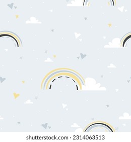 Cute seamless pattern with rainbow and clouds on a blue background. Nursery kids pattern for room wall