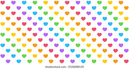 Cute seamless pattern of rainbow colored hearts on white background. Colorful and bright repeating pattern design. Vector illustration.