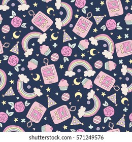 cute seamless pattern with rainbow, cupcakes,roses and retro electronic toy flying in open space
