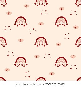Cute seamless pattern with rainbow and hearts on light background, love thoughts, valentine's day, love, fabric print, passion, paper
