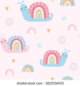 Cute seamless pattern with rainbow snails. Vector childrens background. Creative kids hand drawn texture for fabric, wrapping, textile, wallpaper, apparel.