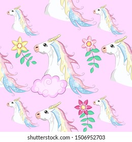 Cute seamless pattern with rainbow unicorns in the clouds.