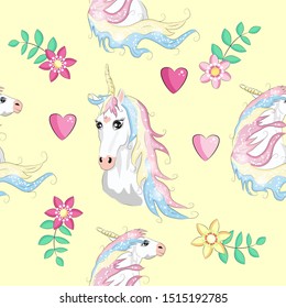Cute seamless pattern with rainbow unicorns in the clouds.